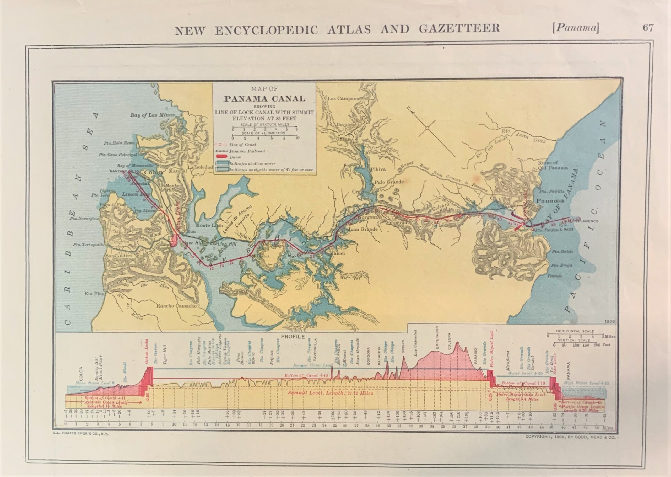 "Panama Canal showing line of lock canal with summit elevation at 85 feet"